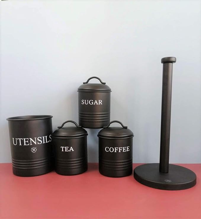 Kitchen Canister Set of 3 Sugar Coffee Tea with lids Food Storage, Black