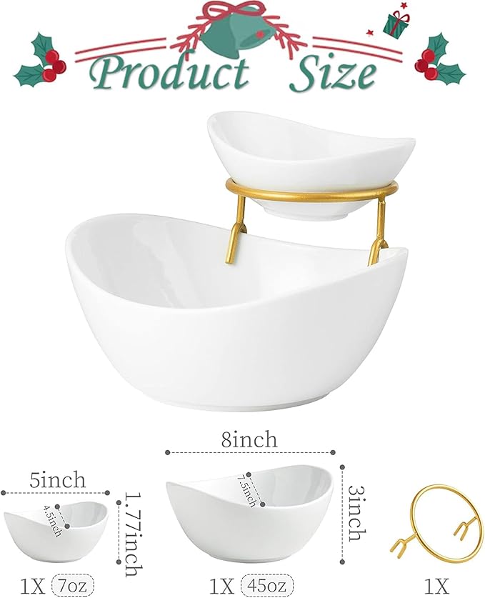 Miamolo Porcelain Serving Bowl Set for Appetizer Serving Dishes Set with 2 Compartment, Chip and Dip Taco Rack Display Salad Bar Serving Set, Gold Stand