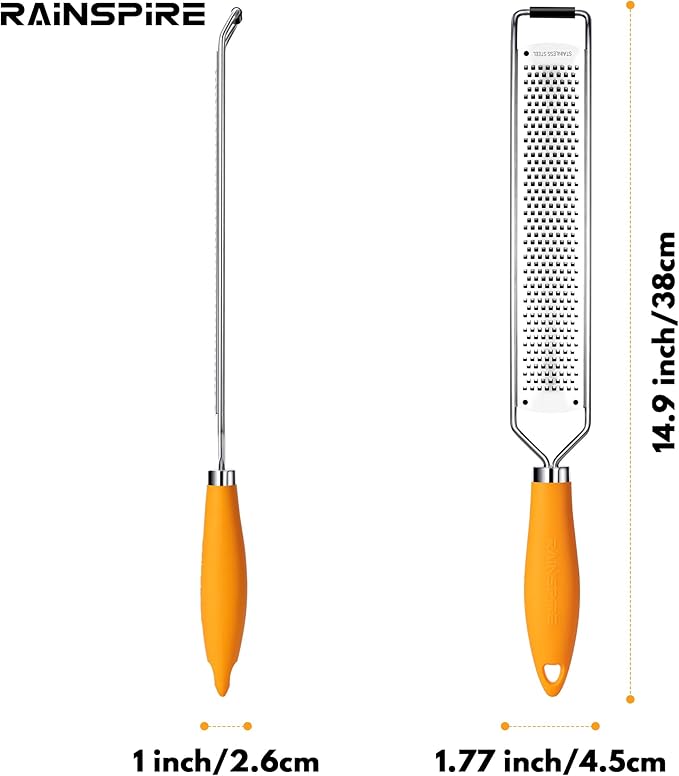 Rainspire Zester Grater with Handle, Lemon Zester Cheese Grater for Kitchen Stainless Steel, Parmesan Cheese Garlic Nutmeg Chocolate Fruits Vegetables Ginger Grater, Fine (Orange)