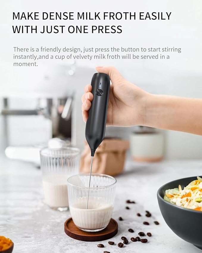 CIRCLE JOY Rechargeable Milk Frother Handheld with Stand, Double Coil Whisk Coffee Frother Wand Drink Mixer for Coffee, Cappuccino, Lattes, Frappe, Matcha and Hot Chocolate, Black