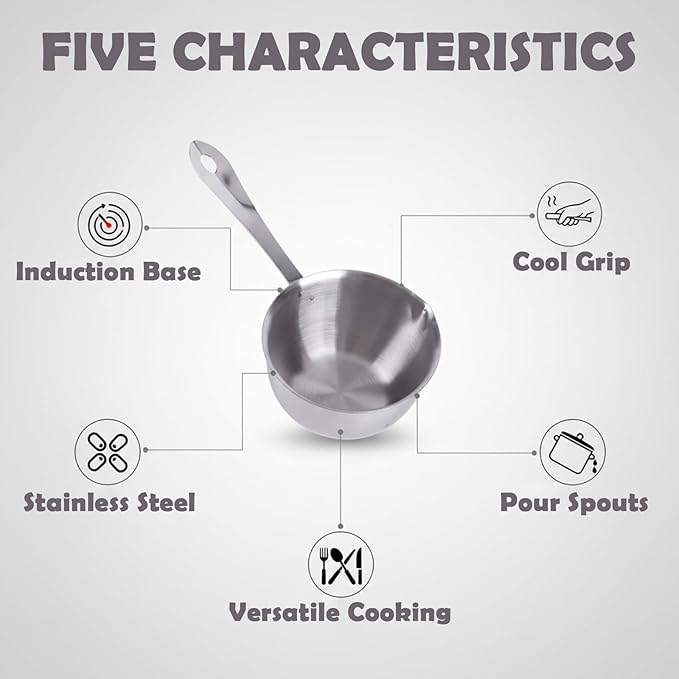 Milltrip Stainless Steel Butter Warmer, 300ml Mini Butter Melting Pot Small Saucepan Milk Warmer Pot with Induction Bottom, Dual Pour Spouts & Cool Touch Handle, Egg Pan for Melting Butterr Heating