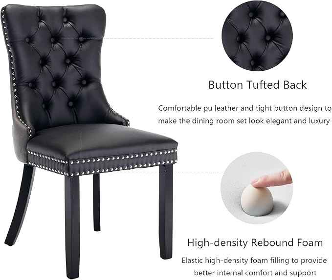 Dining Chairs Set of 6, Upholstered Dining Room Chairs with Back Ring Pull Trim and Solid Wood Legs, Modern Tufted Kitchen Chairs Perfect for Dining Room, Black Pu Leather Splicing Grey Velvet
