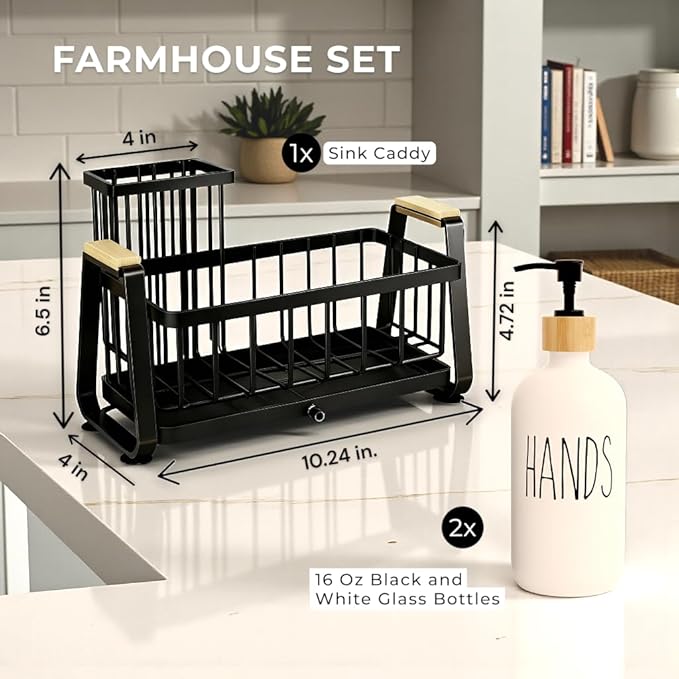 Kitchen Dish Soap Farmhouse Dispenser Set with Sink Caddy, 16OZ Glass Bottle, Hand and Dish Soap Dispenser Set, Non-Slip Silicone Pad, Brush Holder