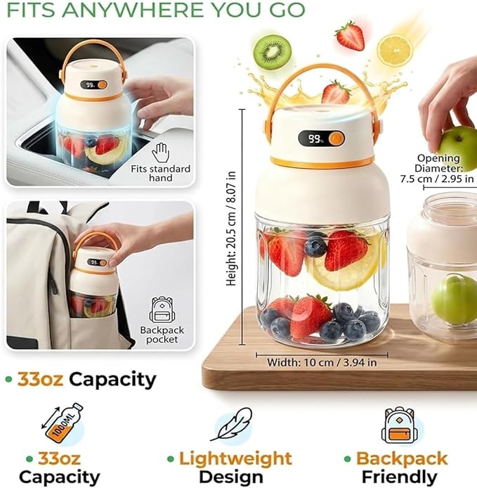 Portable Electric Juicer Cup with Zero Cord Hassle, Fresh Juicer Portable Blender with Digital Display, Leakproof USB-C Rechargeable Personal Blender for Home, Travel, Easy Clean (a,1000ml)