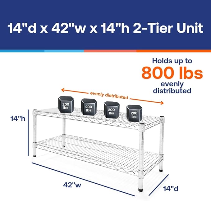 Shelving Inc. 14" d x 42" w Chrome Wire Shelving with 2 Tier Shelves, Weight Capacity 800lbs Per Shelf