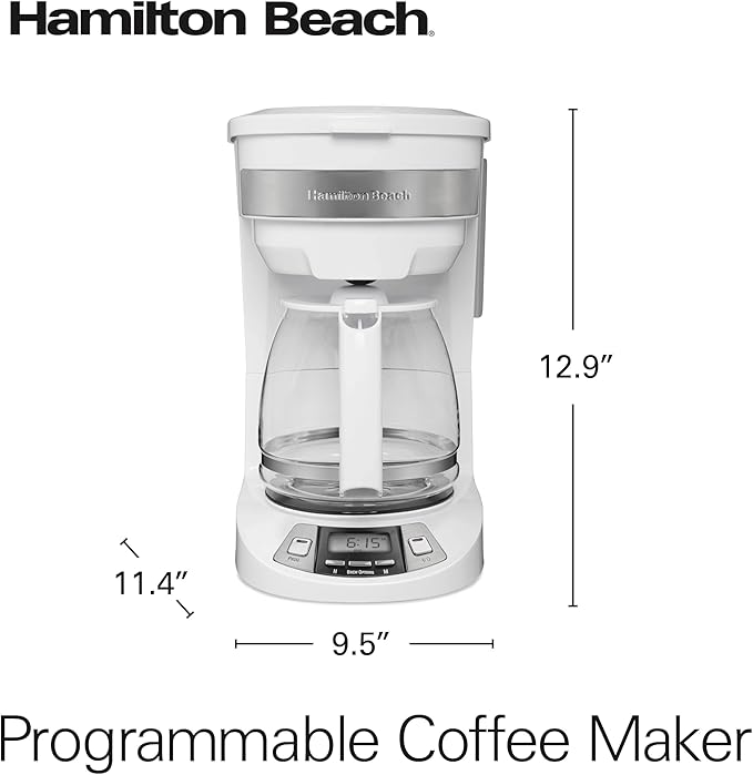 Hamilton Beach 12 Cup Programmable Drip Coffee Maker Machine, Regular & Bold Brew Options, Auto Pause and Pour, Glass Carafe, White (46294J)