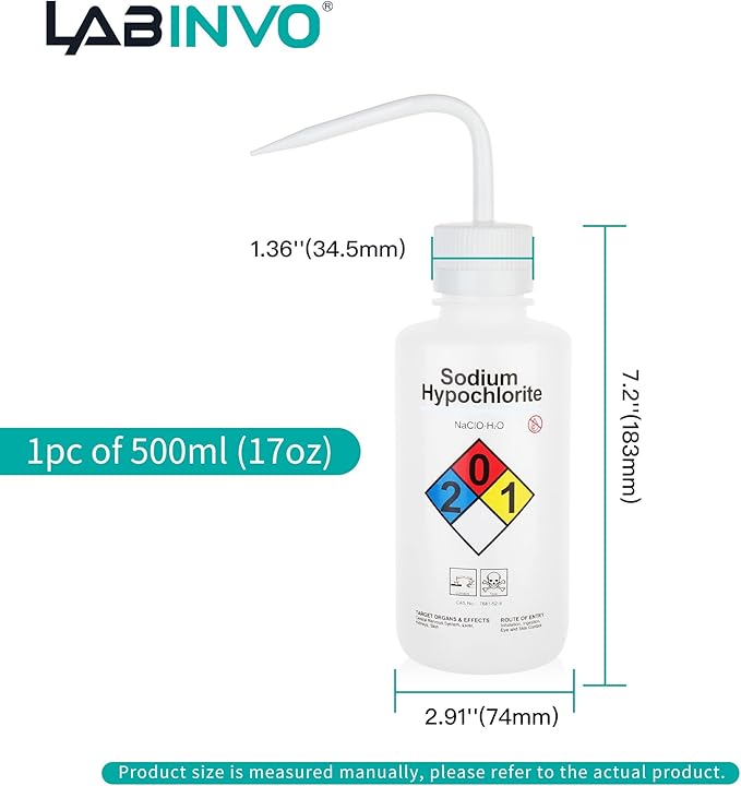 Sodium Hypochloride Wash Bottles, Vol.500ml (17oz), Narrow Mouth, Self-Venting Safety Wash Bottles, LDPE Material, IN-WBS500，Pack of 1, IN-WBS501