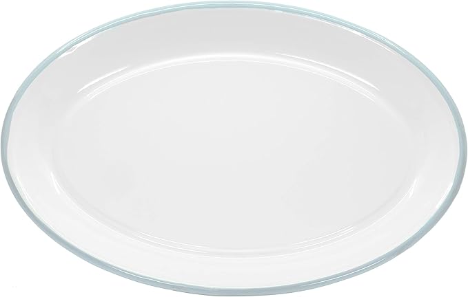 Red Co. Set of 4 Enamelware Metal Classic 13" Serving Oval Tray Platter, Solid White/Teal Rim