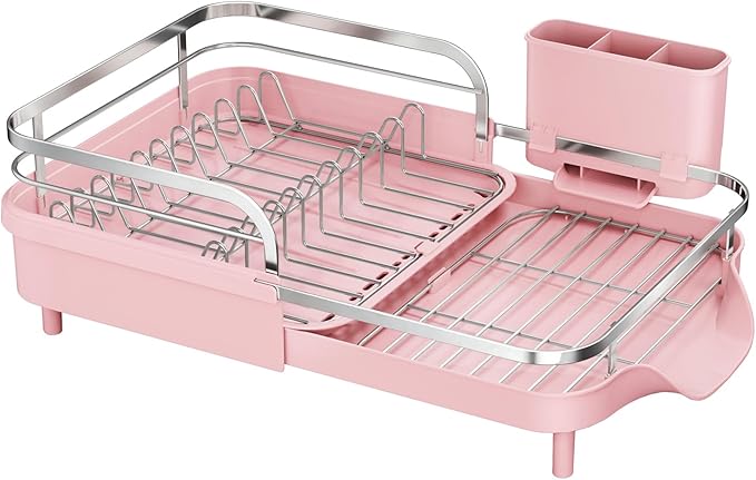 SAYZH Dish Drying Rack - Expandable Dish Rack for Kitchen Counter, Rust-Resistant Dish Drainer with Utensil Holder and Raised Guardrail, Kitchen Organizer for Cup and Bottle (Pink)