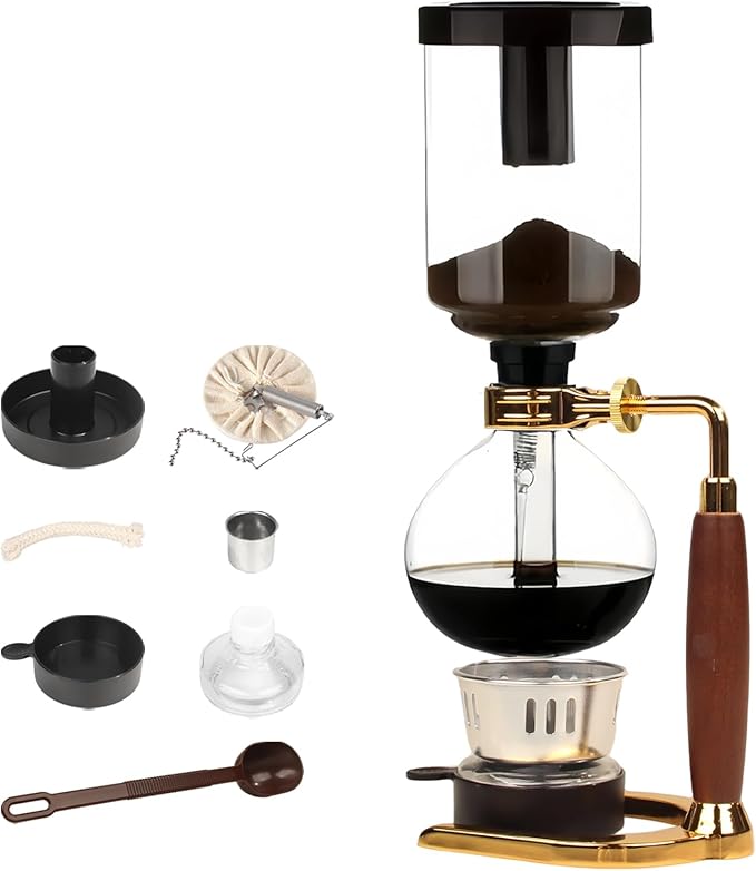 Vacuum Coffee Maker, Manual Siphon Coffee Brewer 3-Cup (360ml) with Alcohol Burner, Adjustable Buffer Clamp, Stainless Steel Bracket Base for Coffee Aficionados
