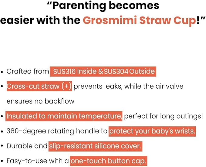 GROSMIMI Insulated 316 Stainless Steel Spill Proof Straw Cup, Water bottle with Flip Top for Toddlers, BPA Free (peach flower, 10oz)