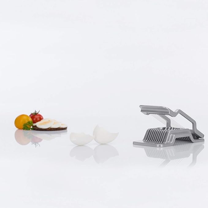 Westmark Egg Slicer Justus for Hard Boiled Eggs with Individually Tensioned Stainless Steel Wire Cutters, German Heavy Duty Aluminium Slicer for Round & Oval Eggs, Dishwasher Safe, Grey