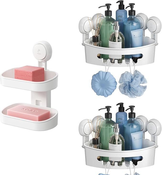 TAILI Double Layer Soap Dish & 2 Pack Suction Corner Shower Caddy, Bathroom Shelf Storage Basket Wall Mounted Organizer for Shampoo, Conditioner, Tub and Kitchen Sink, Drill-Free, Removable