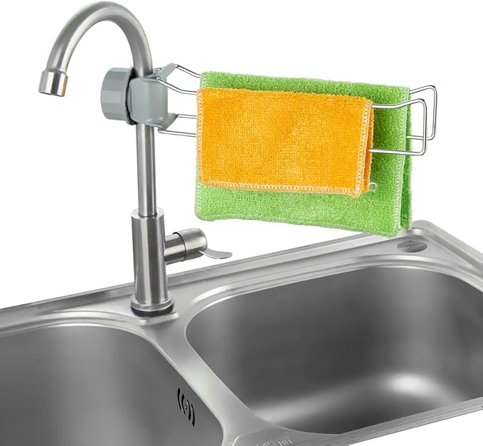 Kitchen Sink Towel Holder, Stainless Steel Dish Cloth Rack, Adjustable Faucet Mount Drying Hanger for Dishrag, Gloves, Gray
