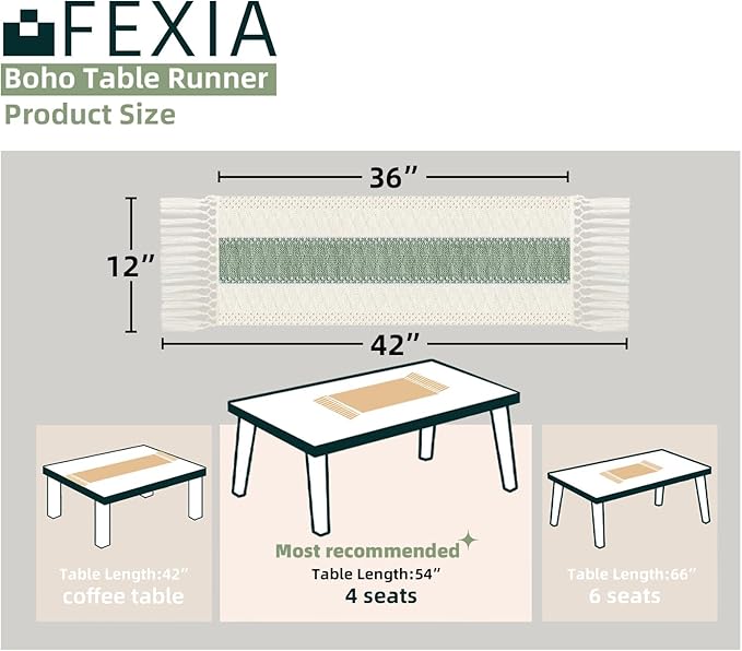 FEXIA Sage Green Table Runner 36 Inches Long with Tassels Boho Macrame Farmhouse Table Runners for Home Decor Party Bohemian Rustic Bridal Shower Dining Decorations(12x36 Inches)
