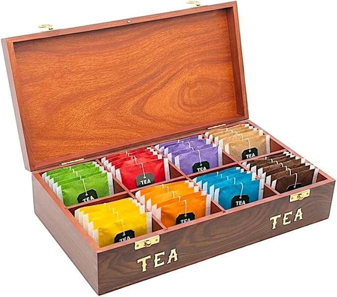 Wooden Tea Bag Storage Box – Sheesham Rosewood Tea Organizer with Brass Inlay, 8‑Compartment Tea Chest, Handcrafted Tea Box for Tea Lovers, Home Décor & Gifts