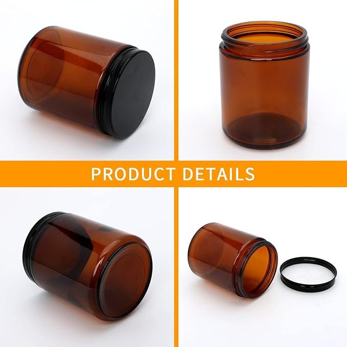 8oz Amber Candle Jars Set of 12,Round Glass Jar with Black Lids,Empty 250ml Glass Candle Making Jar Bulk Thick Small Food Storage Jars for Spice,Candy,Powder