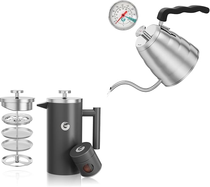 Coffee Gator French Press 34oz Gray and Gooseneck Kettle 40oz Stainless Steel for Pour Over