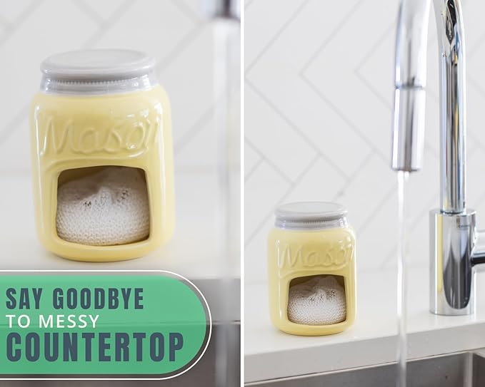 Comfify Ceramic Sponge Holder – Yellow Mason Jar Sink Caddy – Farmhouse Kitchen Accessory with Free Sponge