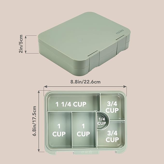 nouka Grand Bento Box | Easy to open latches | Spill Proof Design | 6-Compartment Removable Tray | Moss