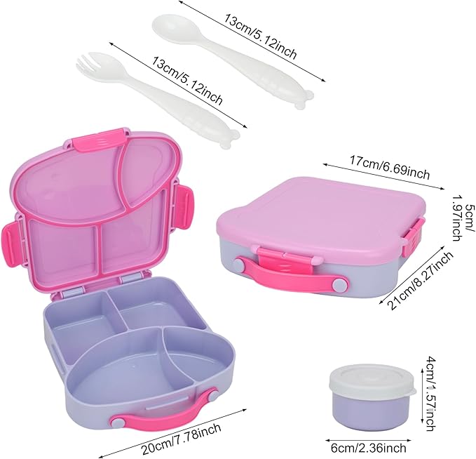 Bento Box for Kids School Lunch Box with Utensils and a Dipping Bowl, Leak-Proof 4 Compartments with Carrying Handle, BPA-Free Bento Box for Girls and Boys in School, Preschool, Daycare (Purple)