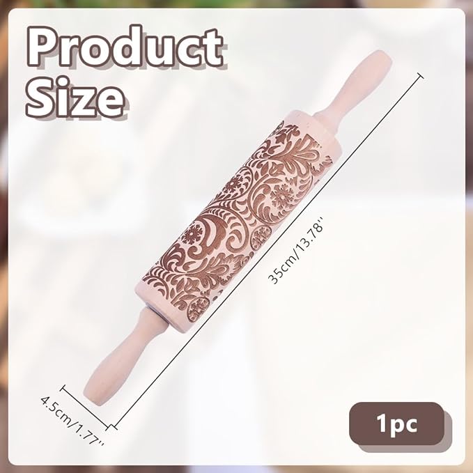 Embossed Wooden Rolling Pin Darker 3D Snowflake Rattan 30cm Rolling Pin for Baking Biscuits DIY Kitchen Tool Baking Accessories Homemade Bakery Pastry Cookie Fondant Dough Pizza
