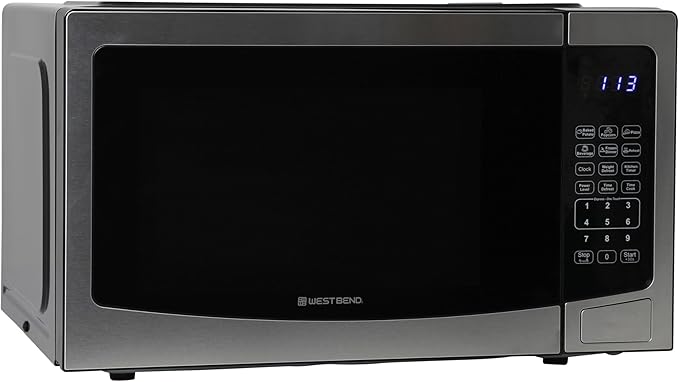 West Bend Microwave Oven 1000-Watts Compact with 6 Pre-Set Cooking Settings, Time and Weight Defrost, Electronic Control Panel and Glass Turntable, 1.1 Cu.Ft., Stainless Steel