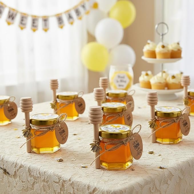 Adabocute 60 Pack Mini Honey Jars with Dipper - Honey Pot with Gold Lid, Bee Pendants, Jutes, Gift Bags and Stickers - For Baby Shower Wedding Favors