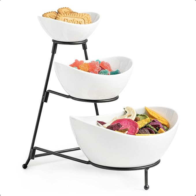 Miamolo 3 Tier Serving Bowls with Stand, Serving Dishes Chips and Dip Serving Set for Entertaining Party, Ceramic Serving Bowl Food Display for Fruit Salad Soup Snacks, Microwave & Dishwasher Safe