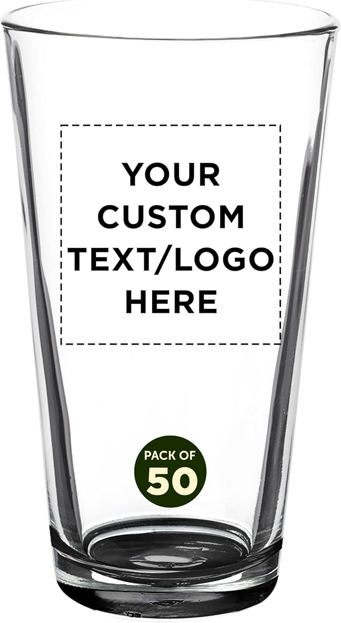 Custom Casale Pint Glass 16 oz. Set of 50, Personalized Bulk Pack - Beer Glasses, Heavy Duty Drinkware - Black