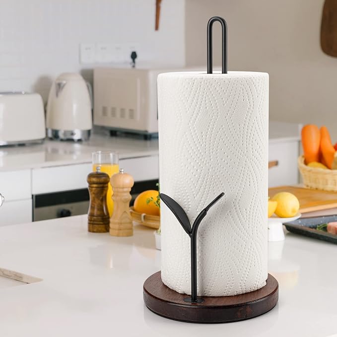 Paper Towel Holder Countertop, Wood Paper Towel Holder Stand, Easy One-Handed Tear Rustic Paper Roll Holder for Kitchen Dining Table Home Decor, High Model Easy to Install(for 11" Paper)