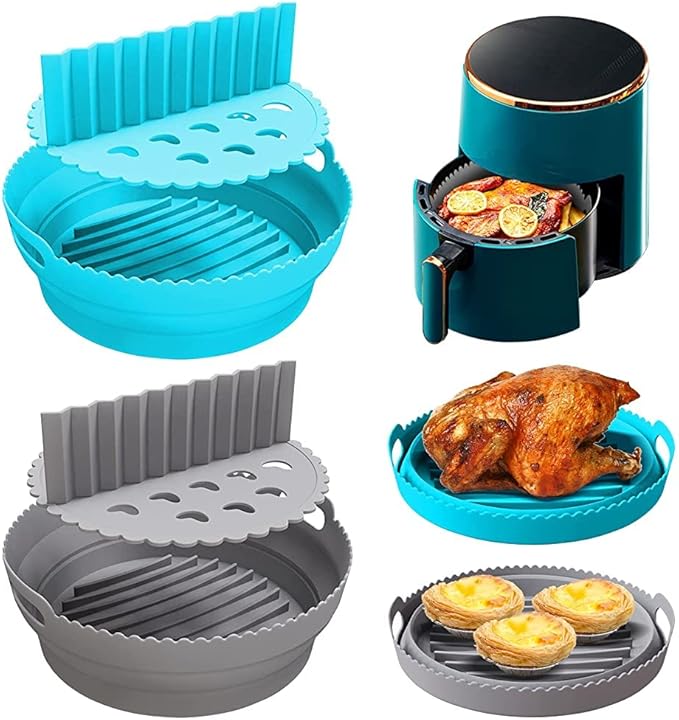 2Pcs Air Fryer Silicone Liners with Divider Trays, silicone Non-Stick Air Fryer Basket Bowl, Collapsible Pot Oven Liner Backing Tray, Air Fryer Inserts Used for Kitchen Oven (Gray & Blue)