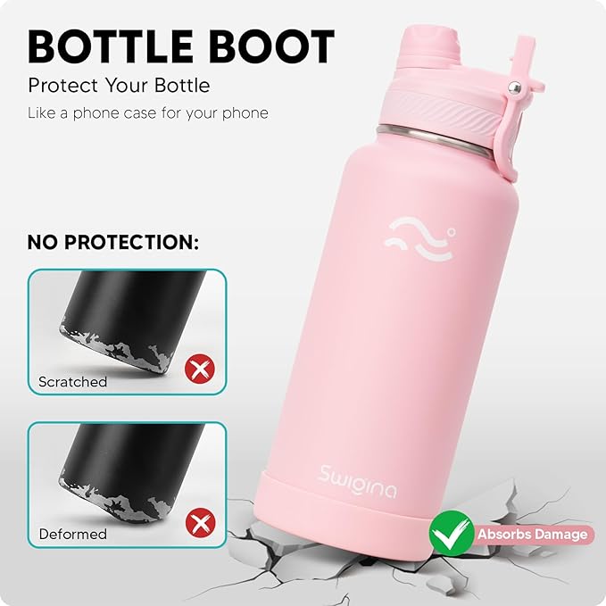 Swigina [2-IN-1 LID] Insulated Water Bottle with Silicone Boot (36hrs Cold/18hrs Hot) - DIY Stickers, Leakproof, BPA Free, 32 oz