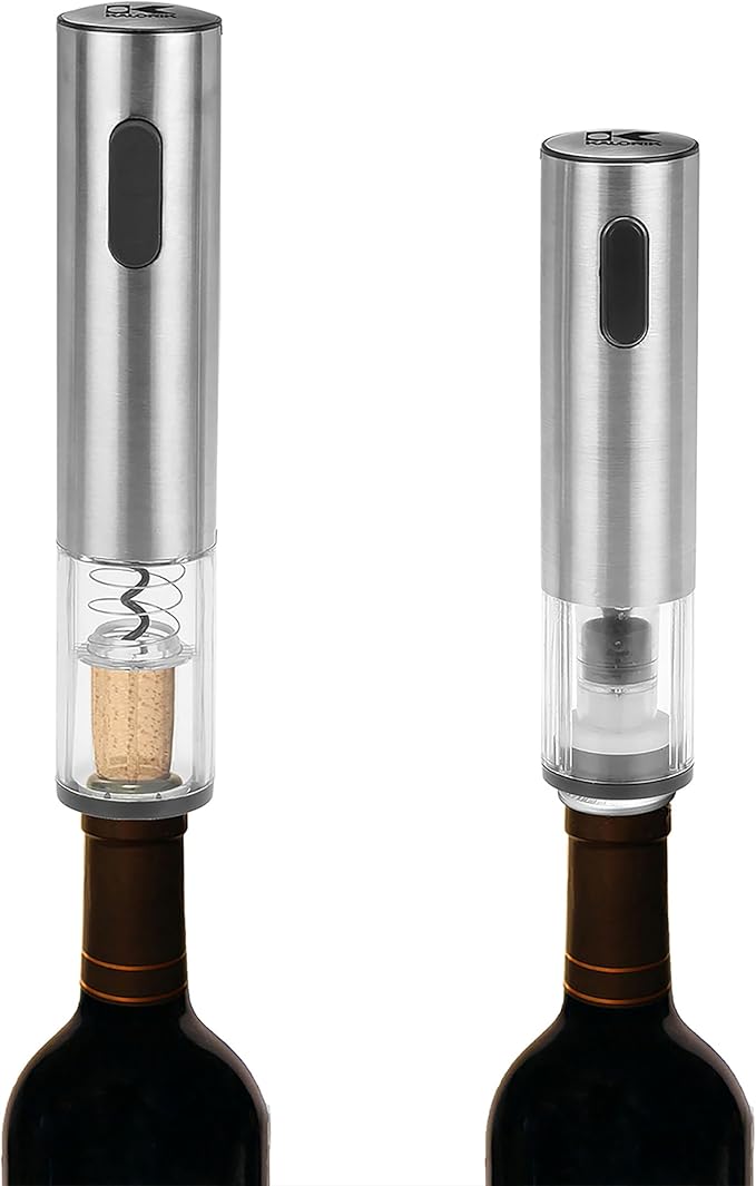Kalorik Electric Wine Opener Wine Lovers Set Includes Bottle Opener Wine Pourer Preserver and 2 Stoppers Foil Cutter and Charging Base, Stainless Steel