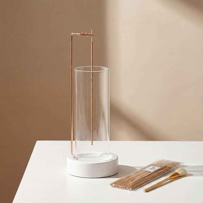 CEREMONY Incense Holder, Ceramic Incense Holder for Sticks with Glass Ash Catcher, Incense Burner for Meditation Yoga Spa Room Decor(Beige)