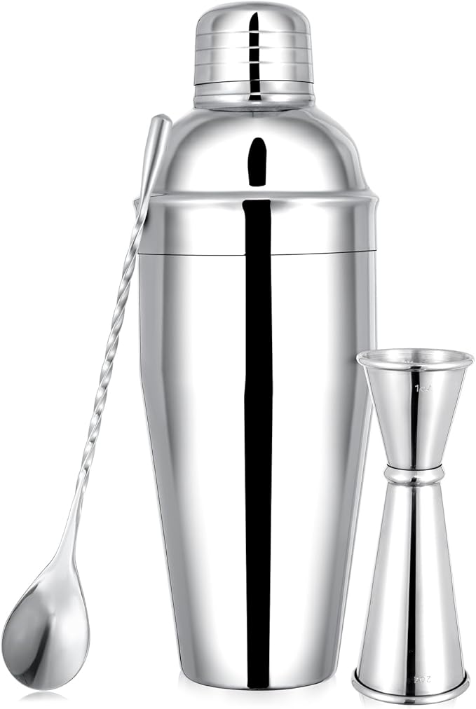BARsics 24oz Stainless Steel Bar Cocktail Shaker, 1oz/2oz Jigger and 8" Mixing Spoon