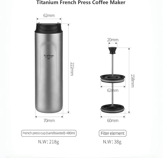 Titanium Water Bottle French Press Pot Milk Frother Coffee maker Coffee cups 16.23fl oz | Double Layer Thermal Insulation | Leakproof & Packable for Travel & Sports | (Grey)