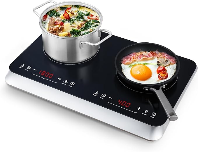COOKTRON Double Induction Cooktop Burner with Fast Warm-Up Mode, 1800w 2 Burner with 10 Temperature 9 Power Settings, Portable Dual Induction Cooker Cooktop with Child Safety Lock & Time