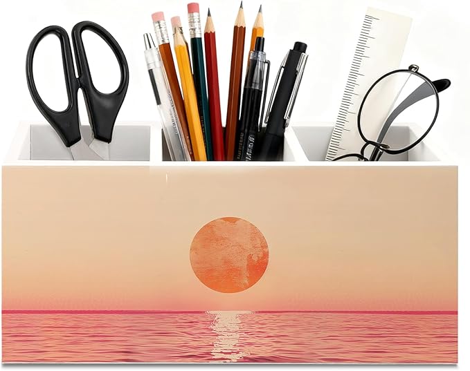 Minimalist Ocean Sunset Wooden Utensils Holder, Pink and Orange Abstract Coastal Nature Seascape Wood Cooking Utensil Holder Organizer for Kitchen Countertop Counter Decor Accessories
