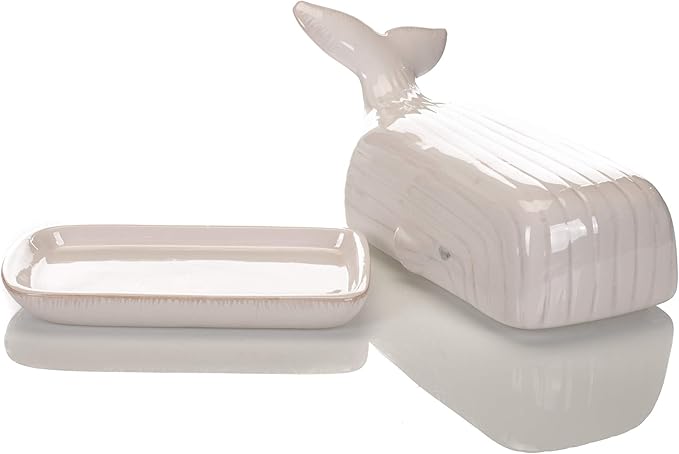 Nautical Whale Glossy White 9 x 4 Ceramic Butter Dish With Lid