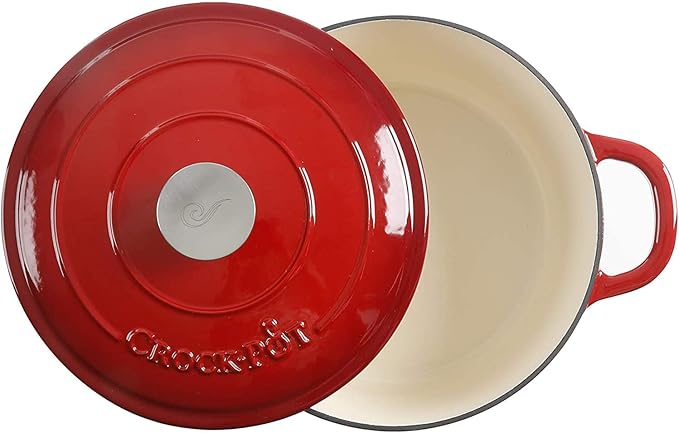 Crock Pot Artisan 5-Quart Round Enameled Cast Iron Dutch Oven – Red, Durable Heavy-Duty Cookware for Slow Cooking, Roasting, Baking with Lid