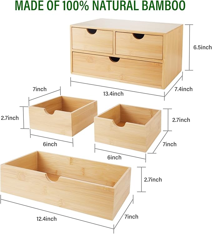 Charmewooden Bamboo Desk Organizer With Drawers Countertop Drawers Counter Storage Box Corner Desk Organizer for Home Office No Assembly Required (3 Drawers)
