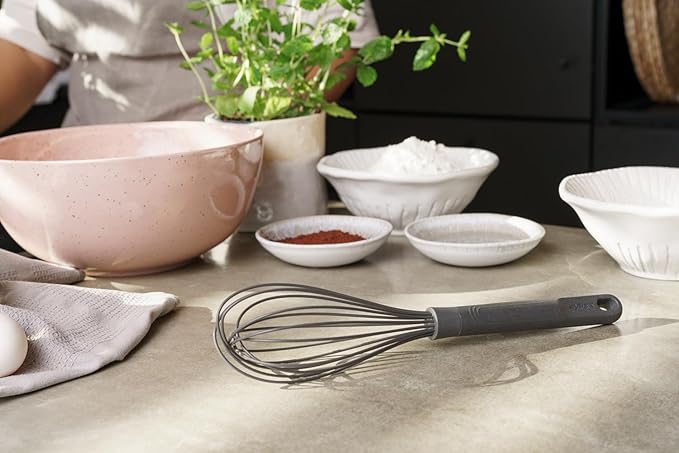 Zyliss Silicone Large Balloon Whisk, Sustainable Wheatstraw/Nylon, Balloon Whisk for Cooking and Serving with Heat Resistant Silicone Head, Beluga Grey, 12" x 2.6", Dishwasher Safe, 5 Year Guarantee