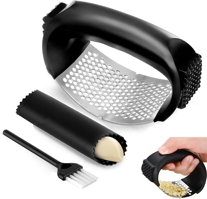 Garlic Press Rocker Set，Stainless Steel Garlic Mincer Tool with Garlic Peeler and Cleaning Brush Kitchen Gadgets Essentials Garlic Chopper