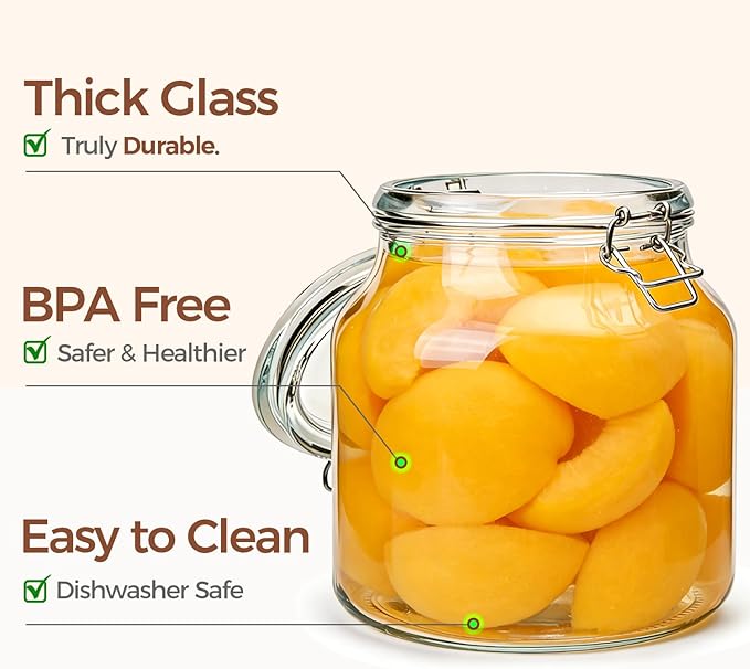 ComSaf 2-Pack 74oz (0.6 Gal) Wide-Mouth Glass Jars with Airtight Clamp Lids, Large Food Storage Containers for Flour, Sugar, Coffee & Pantry Organization, Includes Measuring Cup & Reusable Labels