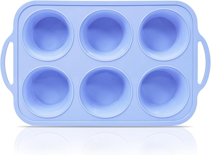 Jumbo Silicone Muffin Pan with Metal Frame, Non Stick Silicone Cupcake Pan with Handles 6 Cup, BPA Free Silicon Muffin Tin Tray Extra Large for baking, egg bites, Cupcake Mold Blue