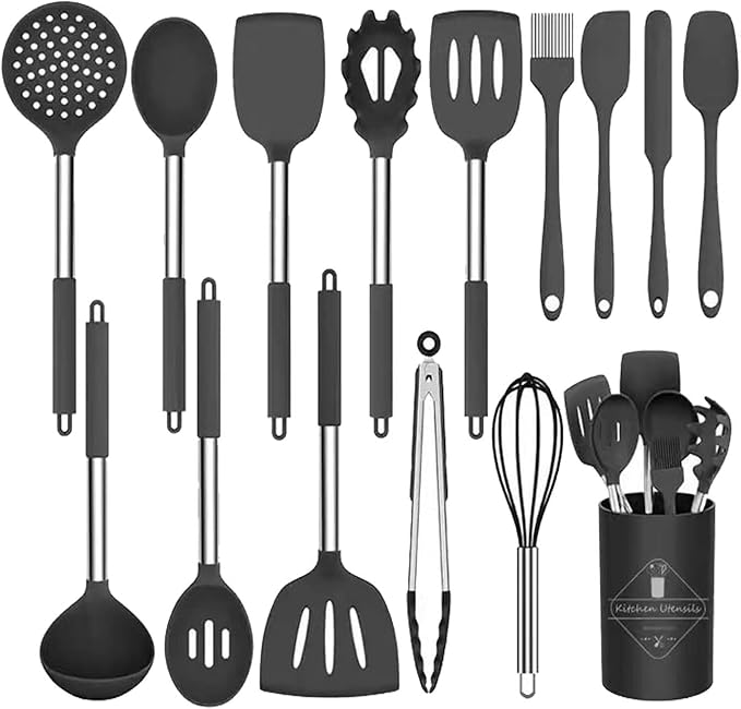Silicone Kitchen Tools - Non - Stick, Anti - Slip, High - Temperature Resistant, Scald - Proof 14 - Piece Set with Stainless Steel Tube Handles & a Storage Bucket (Red)