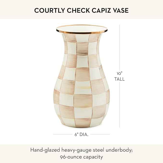 MACKENZIE-CHILDS Tall Enamel Checkered Vase, Unique Flower Vase, Brown-and-White Mocha Check, Steel, 6" L x 6" W x 12" H