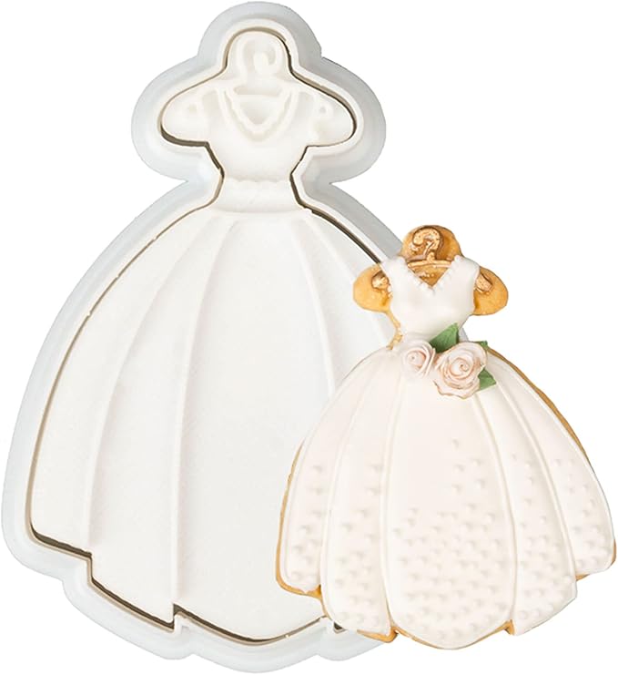 Flycalf Wedding Dress Cookie Cutter with Plunger Stamps Bridesmaid Bridal Shower Holiday PLA Baking Accessories 3" Cutter Molds for Kids Decorative Party Kitchen