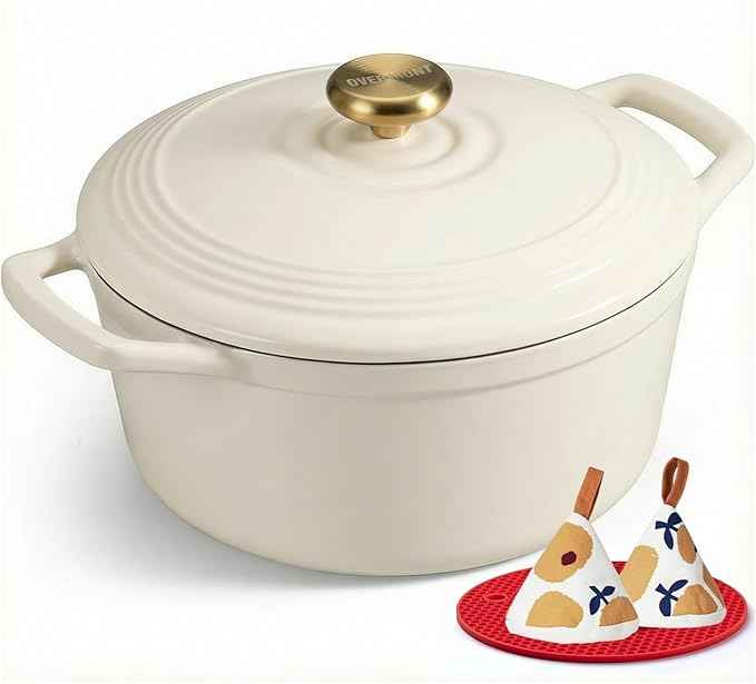 Overmont Enameled Cast Iron Dutch Oven - 5.5QT Pot with Lid Cookbook & Cotton Potholders - Heavy-Duty Cookware for Braising, Stews, Roasting, Bread Baking White